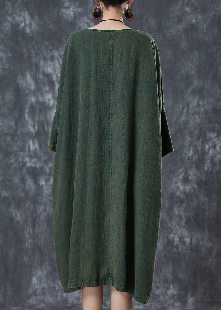 Art Green Oversized Patchwork Applique Linen Dress Batwing Sleeve
