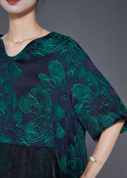 Art Green Print Asymmetrical Patchwork Silk Top Summer