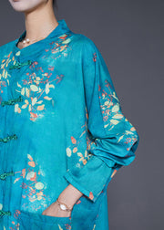 Art Green Print Chinese Button Linen Long Shirts Fall