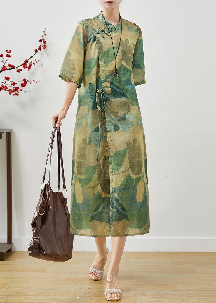 Art Green Print Chinese Button Linen Oriental Dresses Summer