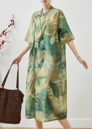 Art Green Print Chinese Button Linen Oriental Dresses Summer