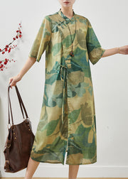 Art Green Print Chinese Button Linen Oriental Dresses Summer