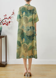 Art Green Print Chinese Button Linen Oriental Dresses Summer