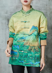 Art Green Print Chinese Button Silk Jacket Spring