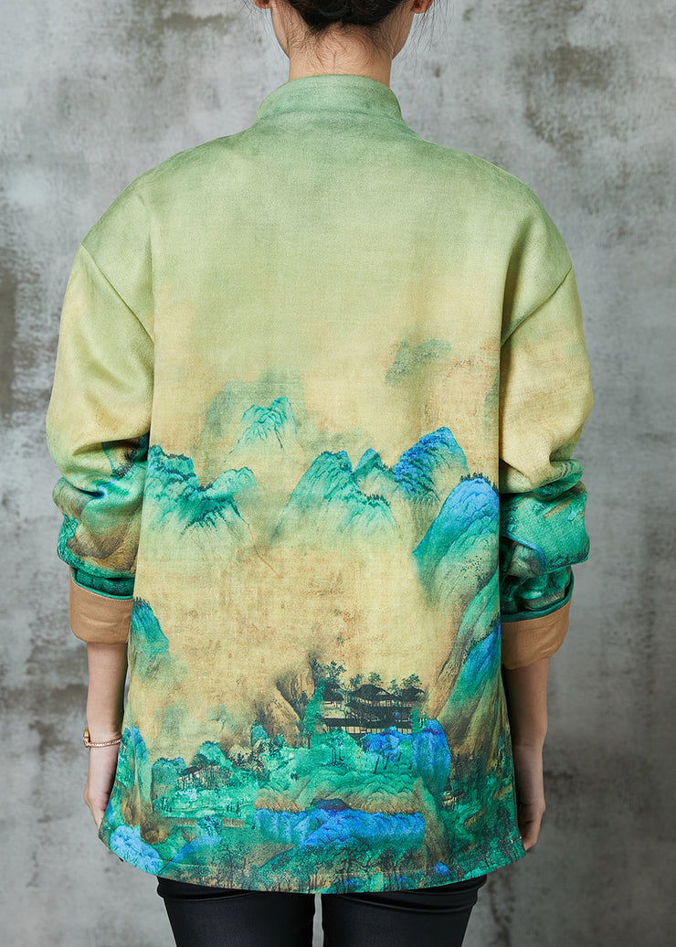 Art Green Print Chinese Button Silk Jacket Spring