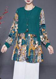 Art Green Print Patchwork Knit Chiffon Fake Two Piece Shirts Fall