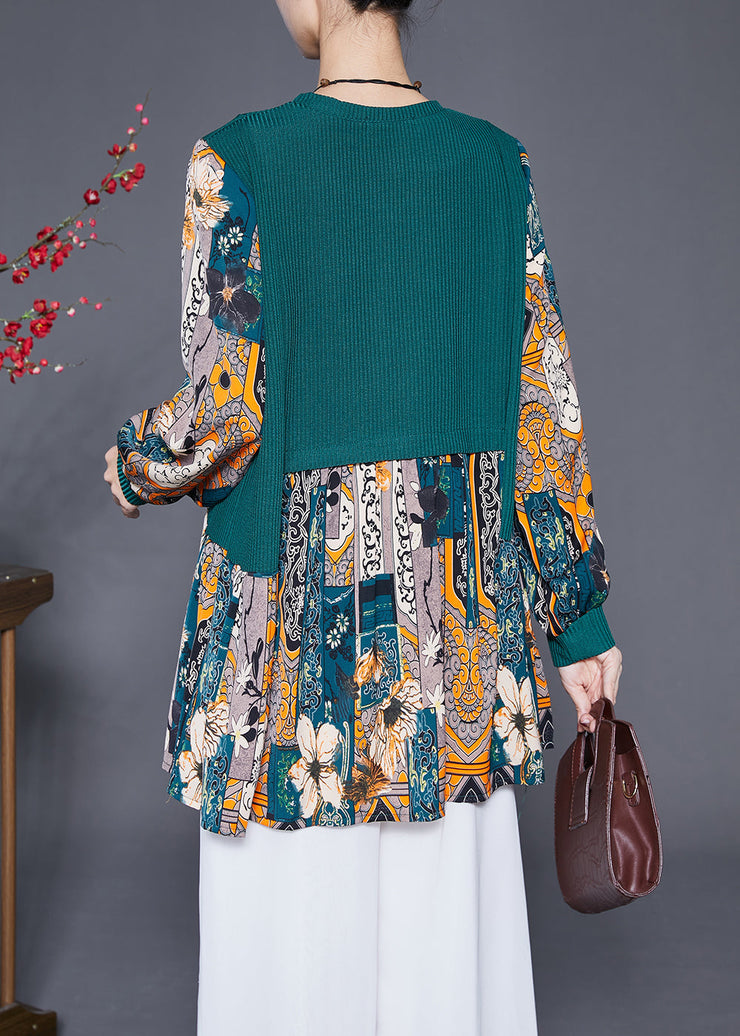 Art Green Print Patchwork Knit Chiffon Fake Two Piece Shirts Fall