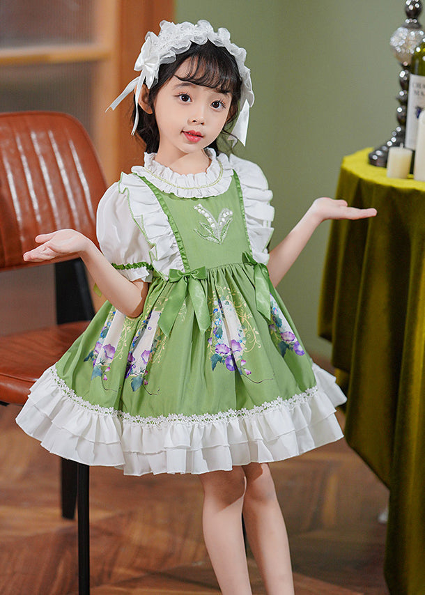 Art Green Ruffled Patchwork Bow Cotton Baby Girls Maxi Dresses Summer