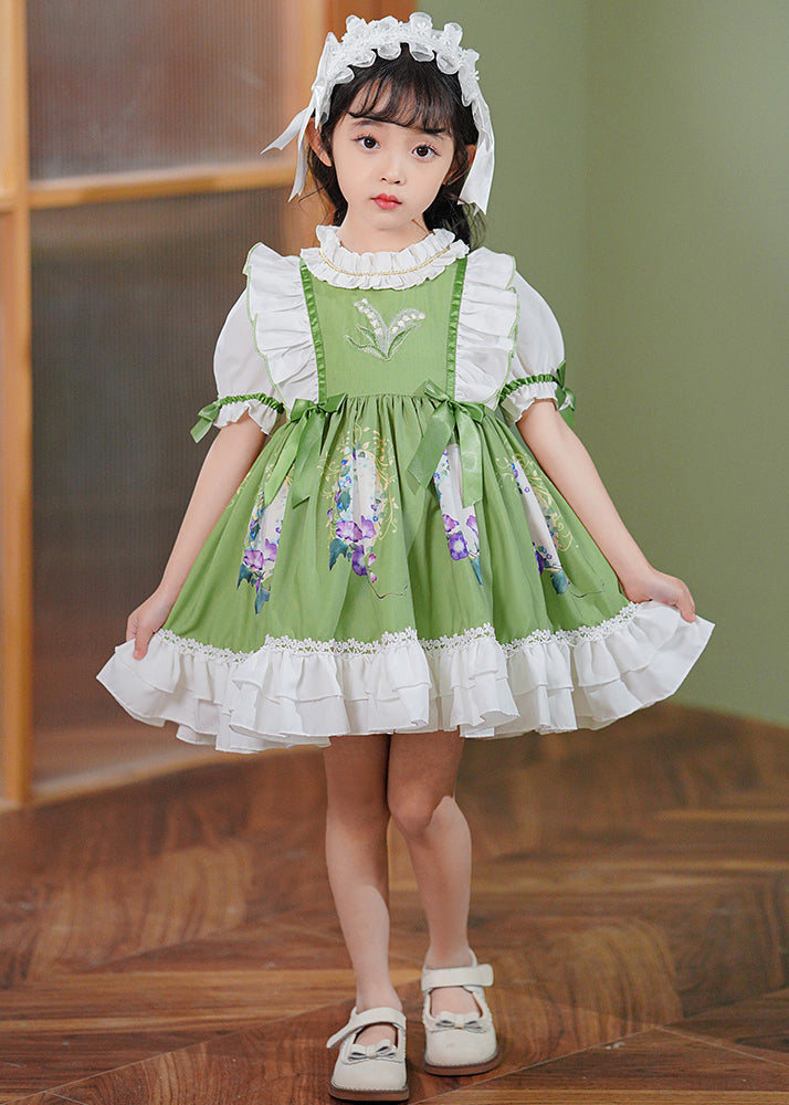 Art Green Ruffled Patchwork Bow Cotton Baby Girls Maxi Dresses Summer