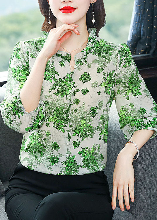 Art Green Ruffled Patchwork Print Chiffon Shirt Top Summer