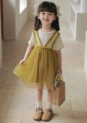 Art Green Ruffled Tulle Patchwork Kids Mid Dress Summer