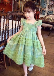 Art Green Square Collar Print Wrinkled Tulle Girls Long Dress Sleeveless