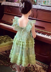 Art Green Square Collar Print Wrinkled Tulle Girls Long Dress Sleeveless