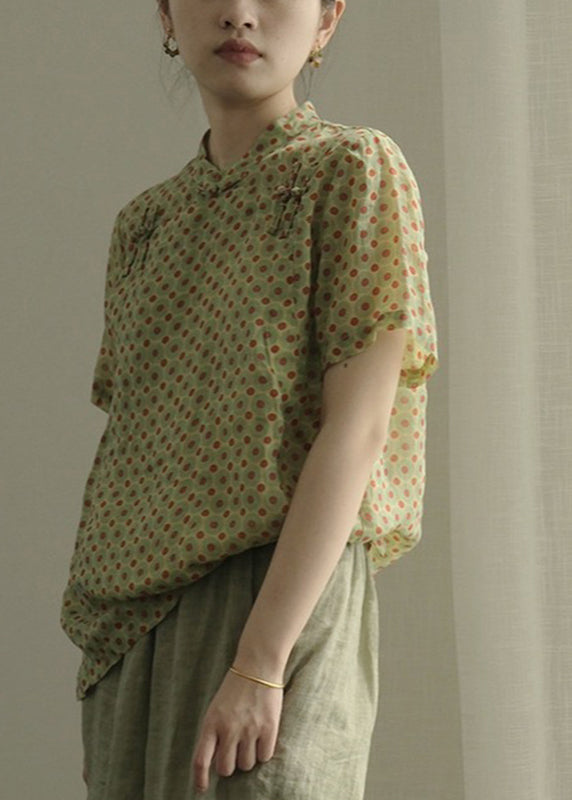 Art Green Stand Collar Dot Button Top Short Sleeve