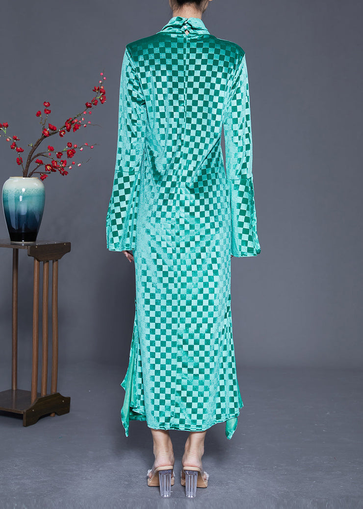 Art Green Stand Collar Plaid Side Open Silk Velour Long Dress Flare Sleeve