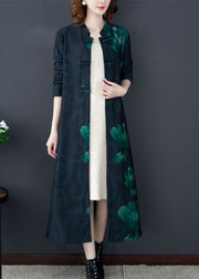 Art Green Stand Collar Print Silk Lengthen Trench Long Sleeve