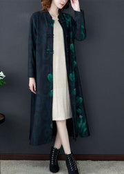 Art Green Stand Collar Print Silk Lengthen Trench Long Sleeve