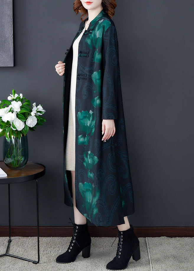 Art Green Stand Collar Print Silk Lengthen Trench Long Sleeve