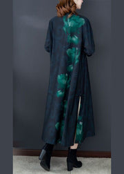 Art Green Stand Collar Print Silk Lengthen Trench Long Sleeve