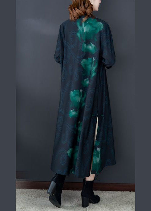 Art Green Stand Collar Print Silk Lengthen Trench Long Sleeve