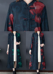 Art Green Stand Collar Print Silk Lengthen Trench Long Sleeve