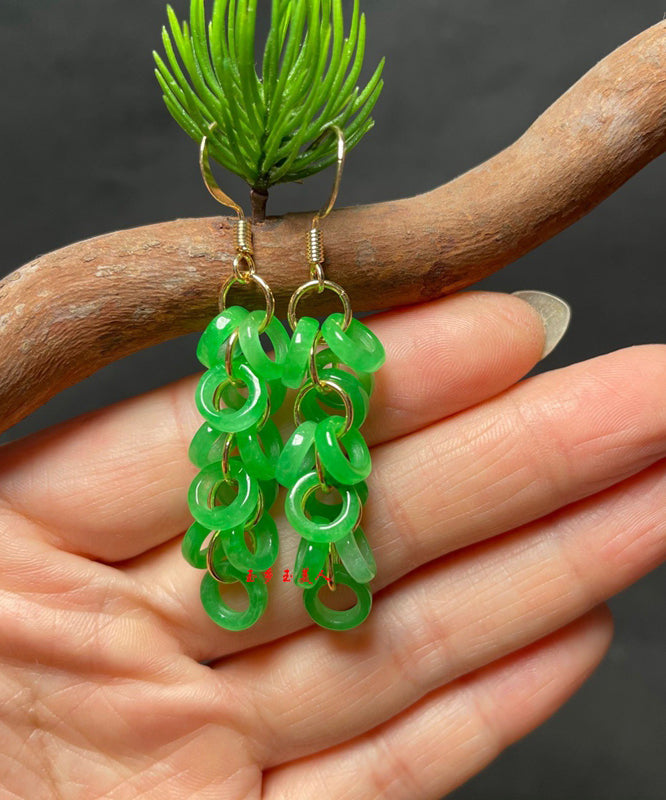 Art Green Sterling Silver Overgild Jade Tassel Drop Earrings