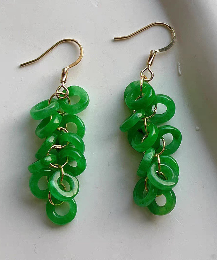 Art Green Sterling Silver Overgild Jade Tassel Drop Earrings