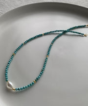 Art Green Sterling Silver Overgild Turquoise Pearl Necklace