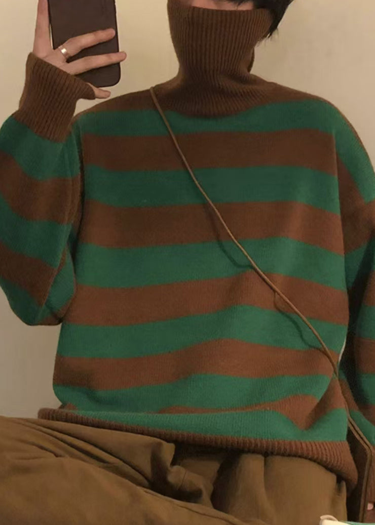 Art Green Striped Turtleneck Knit Men Sweaters Winter