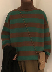 Art Green Striped Turtleneck Knit Men Sweaters Winter