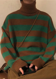 Art Green Striped Turtleneck Knit Men Sweaters Winter