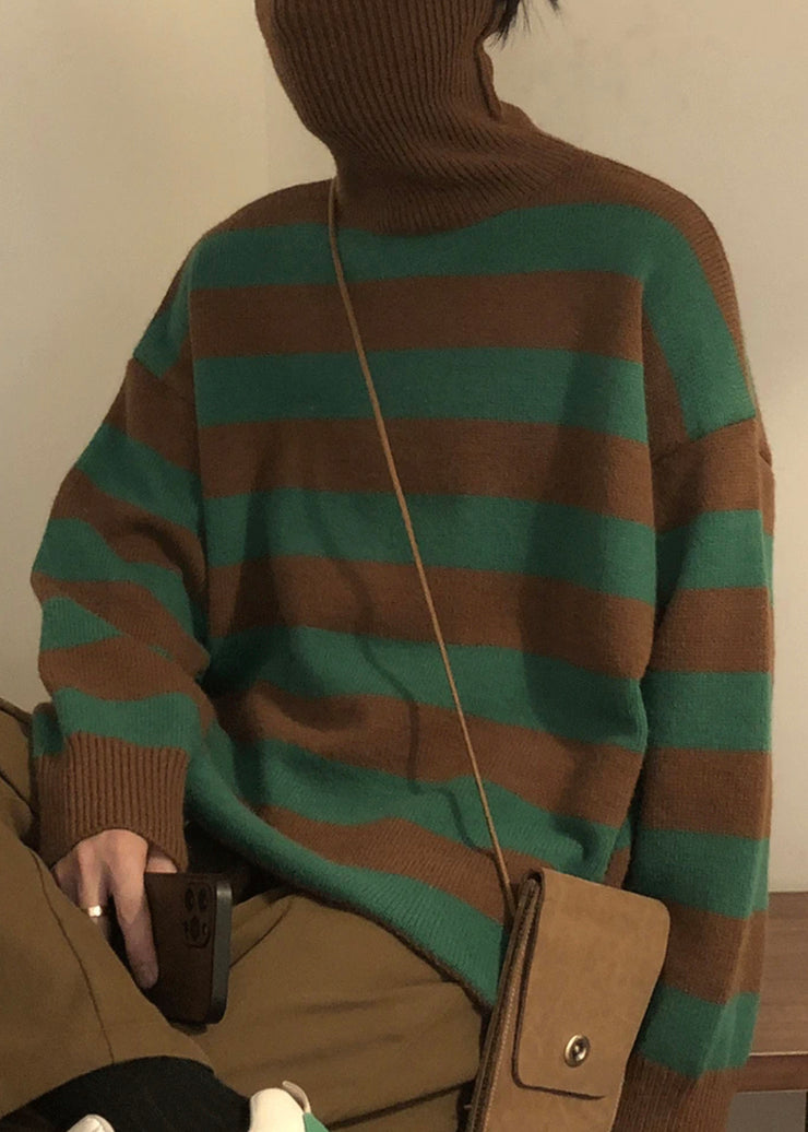 Art Green Striped Turtleneck Knit Men Sweaters Winter