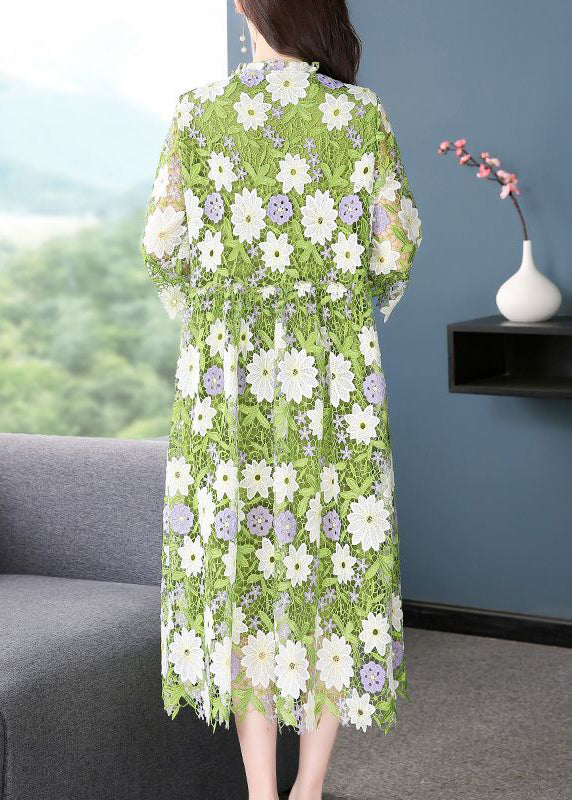 Art Green V Neck Floral Embroideried Lace Dress Half Sleeve