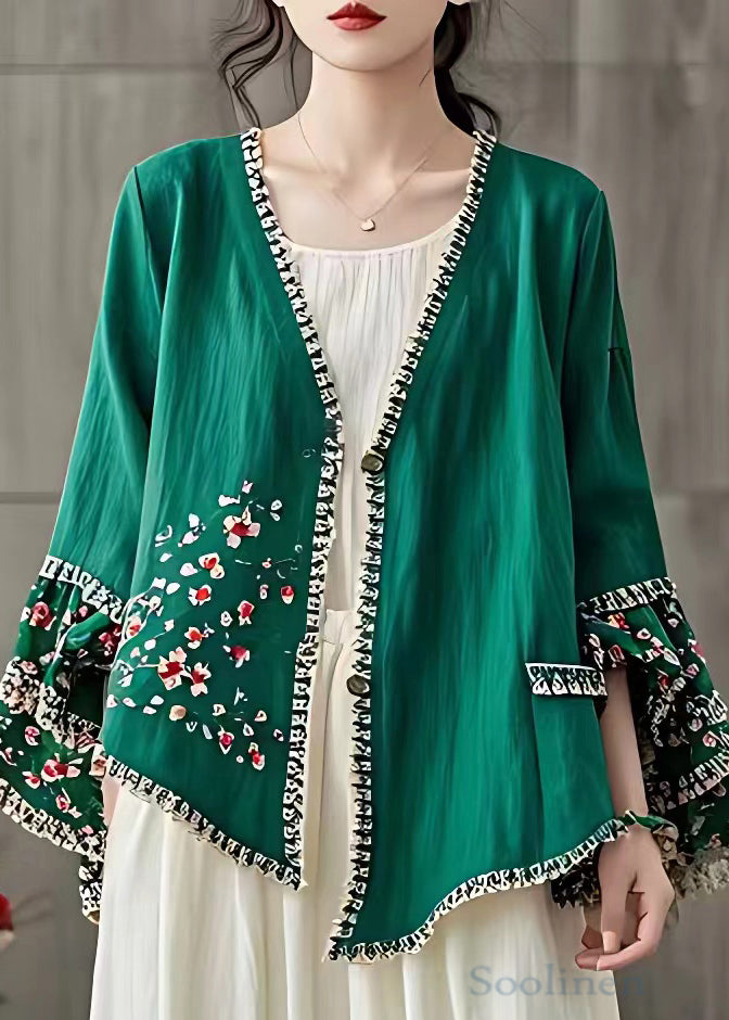 Art Green V Neck Print Button Cotton Coat Long Sleeve