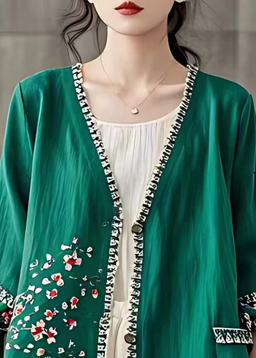 Art Green V Neck Print Button Cotton Coat Long Sleeve