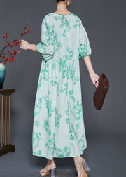 Art Green V Neck Print Linen Dress Spring