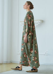 Art Green V Neck Print Pockets Chiffon Robe Dresses Summer