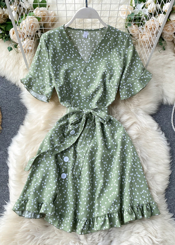Art Green V Neck Print Tie Waist Cotton Mid Dress Summer