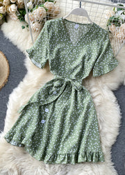 Art Green V Neck Print Tie Waist Cotton Mid Dress Summer