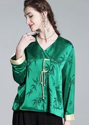 Art Green V Neck Tasseled Jacquard Patchwork Silk Tops Spring