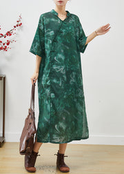 Art Green V Neck Tie Dye Linen Oriental Dresses Summer