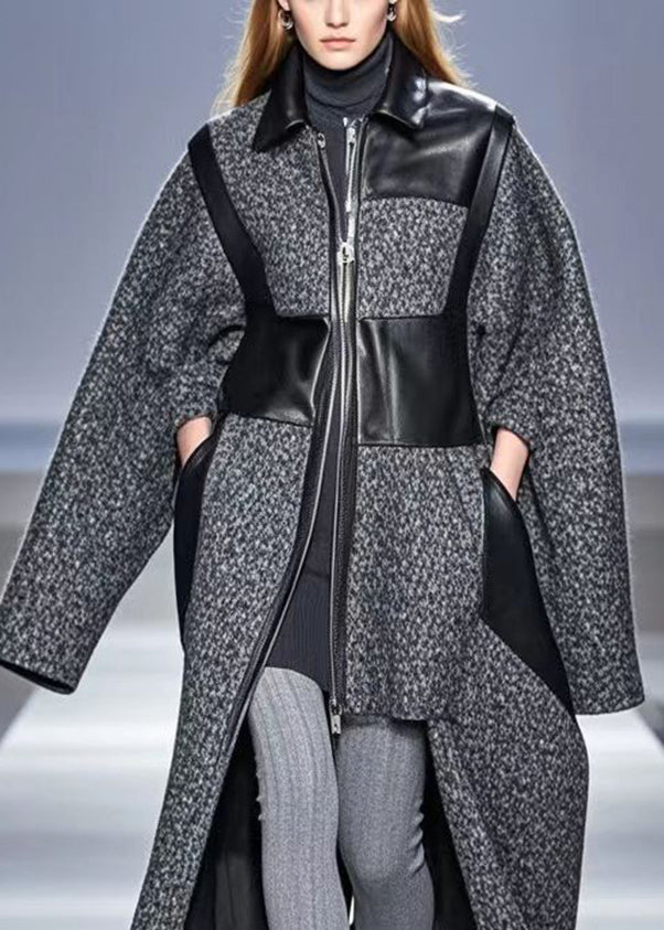 Art Grey Asymmetrical Patchwork Woolen Coats Fall