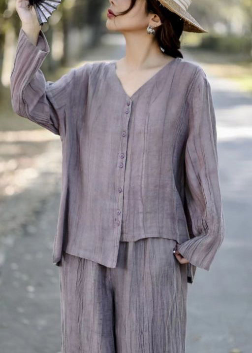 Art Grey Asymmetrical Wrinkled Linen Two Pieces Set Spring