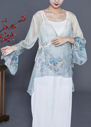 Art Grey Blue Print Lace Up Chiffon UPF 50+ Top Flare Sleeve