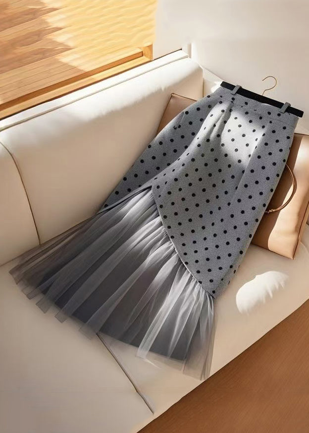 Art Grey Dot High Waist Tulle Patchwork Skirts Spring