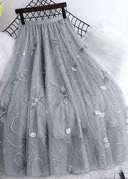 Art Grey Dragonfly Embroideried High Waist Tulle Skirts Summer