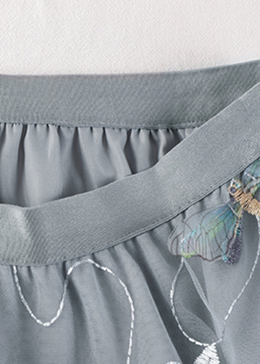 Art Grey Dragonfly Embroideried High Waist Tulle Skirts Summer