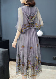 Art Grey Hooded Embroideried Patchwork Silk Fake Two Piece Dress Half Sleeve