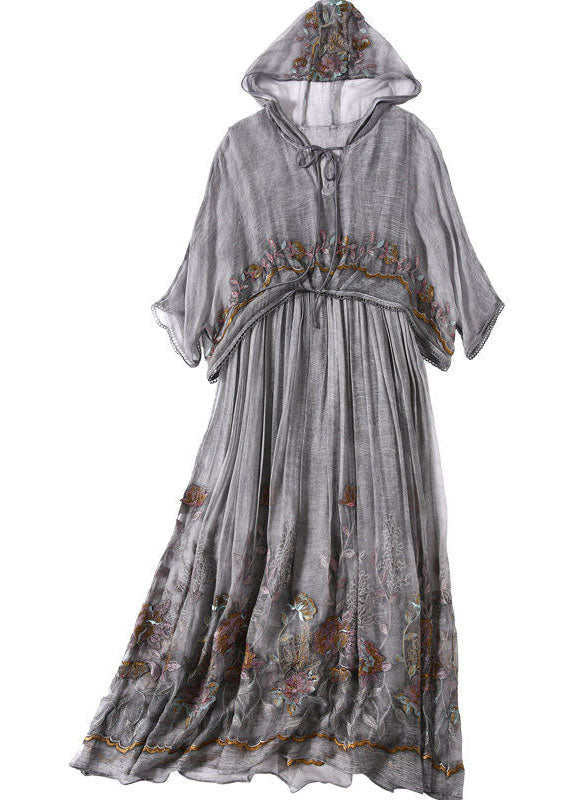 Art Grey Hooded Embroideried Patchwork Silk Fake Two Piece Dress Half Sleeve