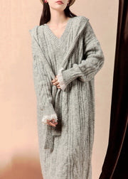 Art Grey Hooded Lace Patchwork Knit Dress Winter